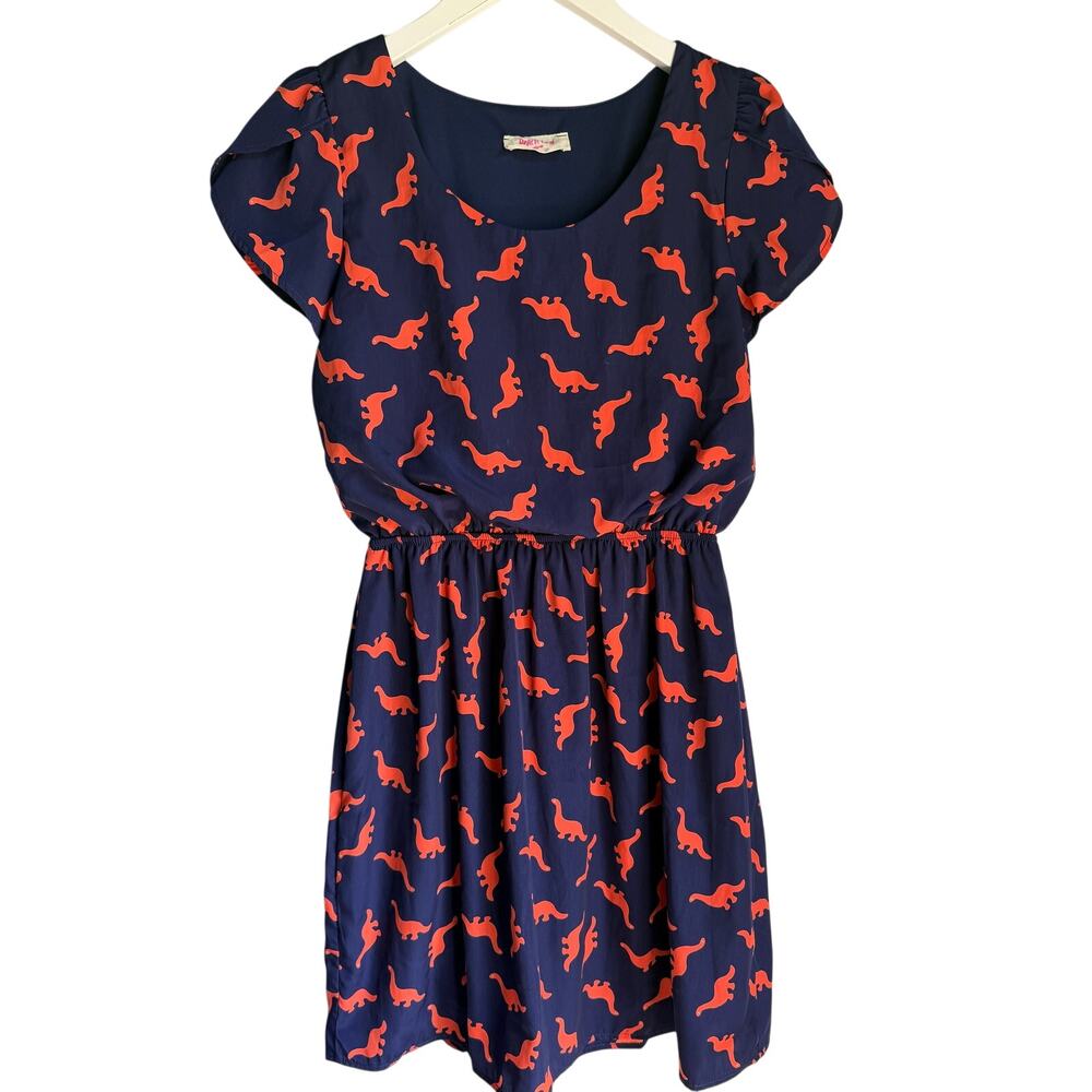 Peach Love California Dinosaur Print Dress Small Navy Orange Puff Sleeve Mini